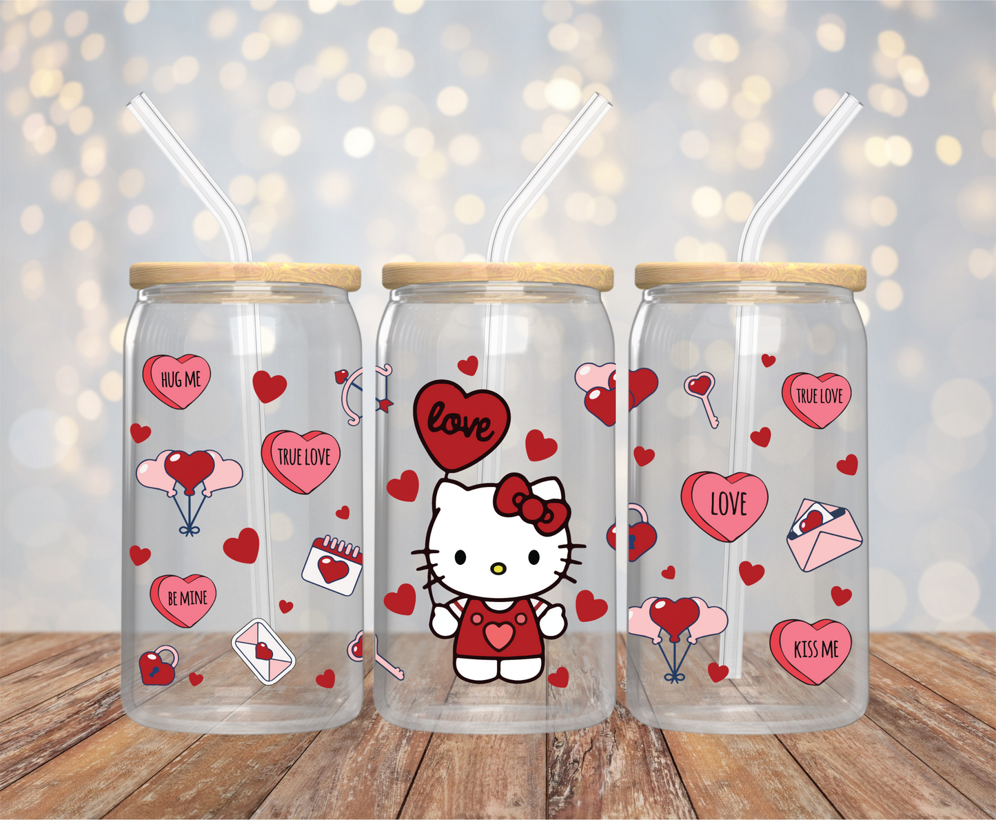 Kitty Red Hearts 16oz Glass Cup