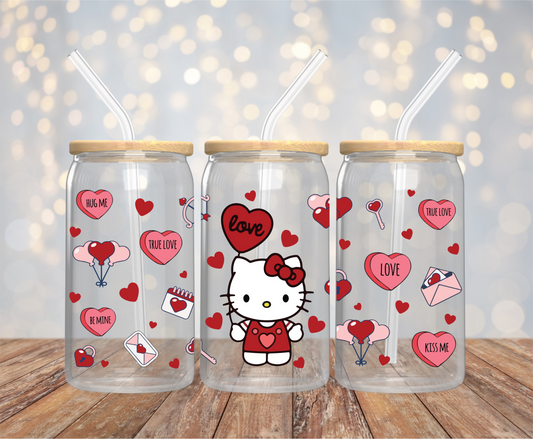 Kitty Red Hearts 16oz Glass Cup